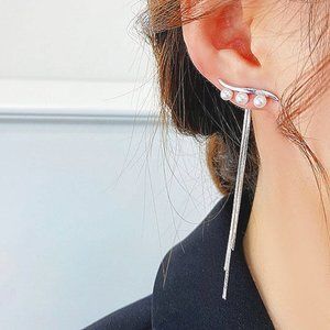 2 Way 14k Plated Long Tassel Pearl Arc Earrings